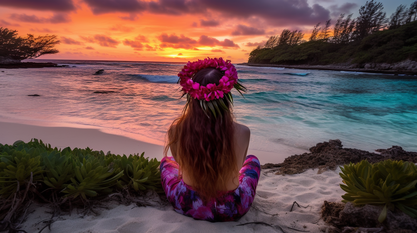 sitting on a tropical beach at sunset. Use warm and vibrant colors, and natural lighting to capture the beauty of the sunset